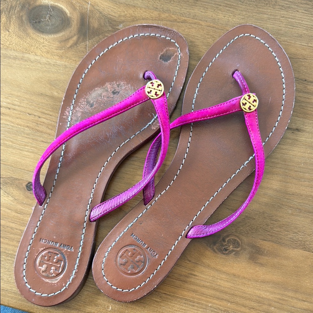 Tory Burch Pink Purple Leather Flip Flops Size 9 M